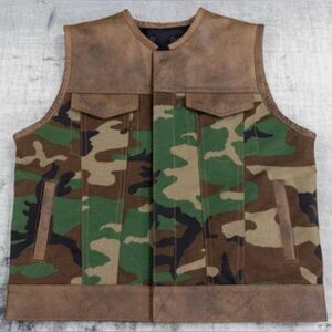 Hunt Club Style Men's Camo Leather Vest Motorcycle Biker Concealed Carry